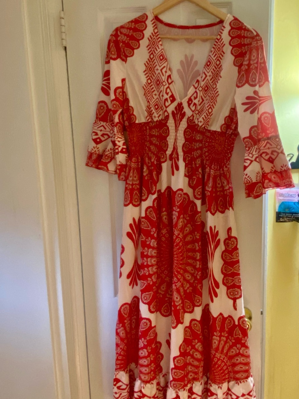 Red and White Patterned V-Neck Women's Dress - Picture 3 of 8